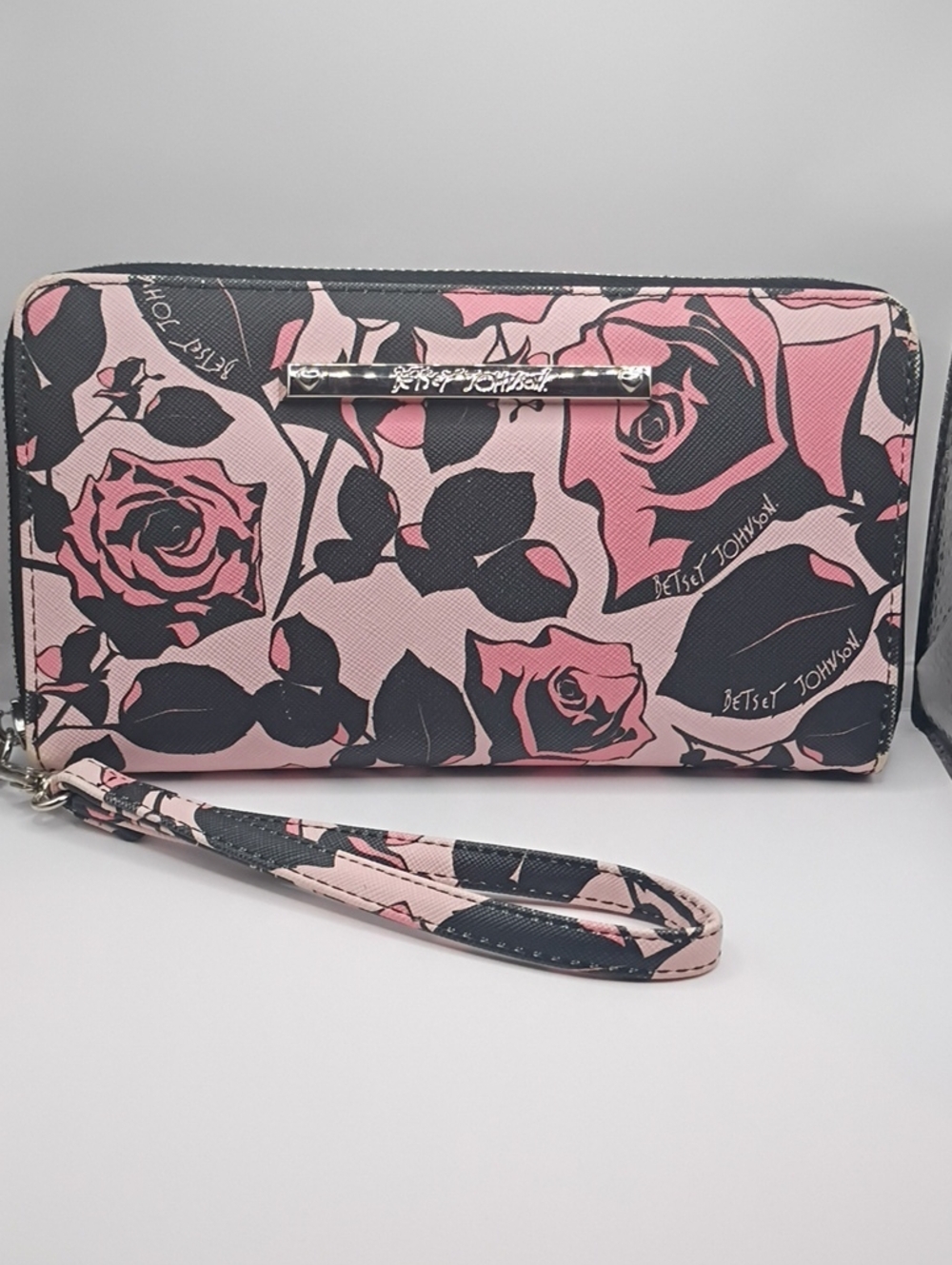 Betsey Johnson Pink and Black Rose Wristlet Wallet
